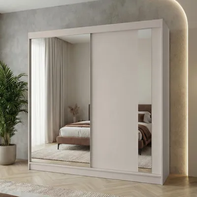 Produktbild von Beautysofa GAJA II Schwebetürenschrank 200 cm mit Spiegel – Kleiderschrank 2-türig, Schlafzimmer Schrank, Kaschmir/Kaschmir mit vier Schubladen