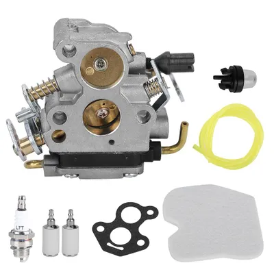 A collection of chainsaw carburetor parts laid out on a white background.