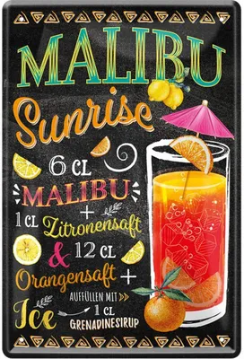 Retro Metallschild Malibu Sunrise Cocktail Rezept 20x30 cm