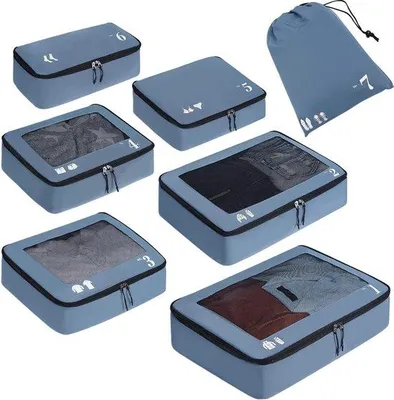 Image de Organiseur de voyage, lot de 7 cubes de rangement bleus