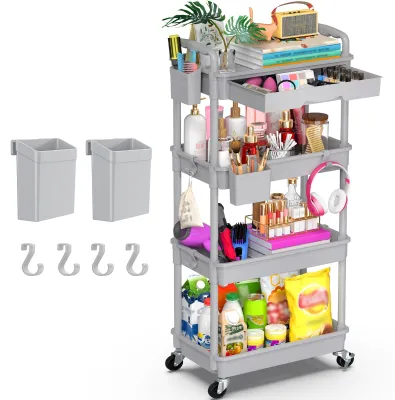 Produktbild von 4-stöckiger Servierwagen mit Schublade, multifunktionaler Wagen mit Kunststoffablage und feststellbaren Rollen, geeignet für Küche, Bad, Büro und Wohnzimmer, grau