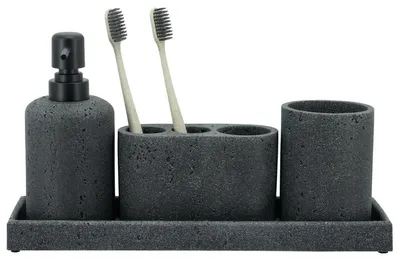 Produktbild von Badezimmer Zubehör Set Seifenspender Zahnbürstenhalter - 4-teilig - Schwarz - Steinoptik