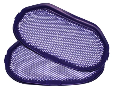 Two purple mesh filters with dark purple rubberized frames are stacked on a white background.