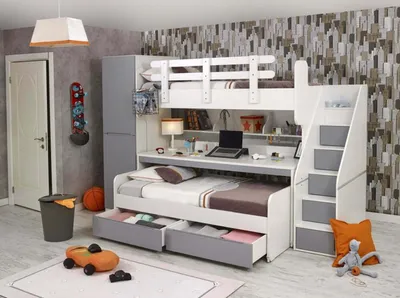 Produktbild von Kinderzimmer-Set Weiß aus Holz mit Etagenbett, Schreibtisch