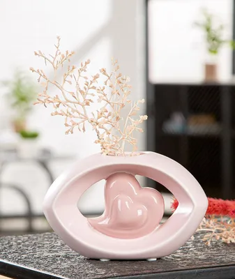 Produktbild von Keramik Blumenvase in Herzform, Rosa, Oval, 16 x 6 cm, Dekorative Tischvase