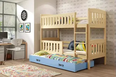 Obrázok produktu pre Detská podkrovná posteľ s prístelkou a matracmi 80x190 BRIGID - Borovica / Modrá