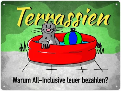 Produktbild von Terrassien Metallschild XXL in 28x38 cm mit Seeleopard auf der Terrasse