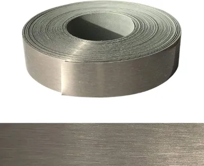 A roll of brushed stainless steel edge banding tape.