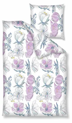 Produktbild von Traumschloss Renforcé Bettwäsche - Blumen weiß rosa 135 x 200 cm Blumen in weiß und lila auf weißem Hintergrund