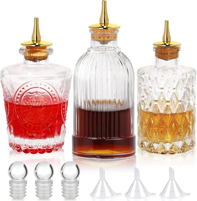 Productafbeelding van Flessen - Set van 3 vintage glazen dasher bitterflessen voor cocktail - Whisky - Mengdrankdispenser met kurk - Roestvrij staal - Dashtop - Antiek