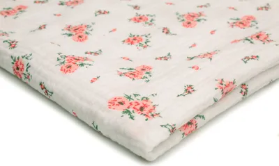 Produktbild von Baumwoll Musselin Stoff mit Aufdruck, Double Gauze, Pinke Blumen 50 x 130 cm