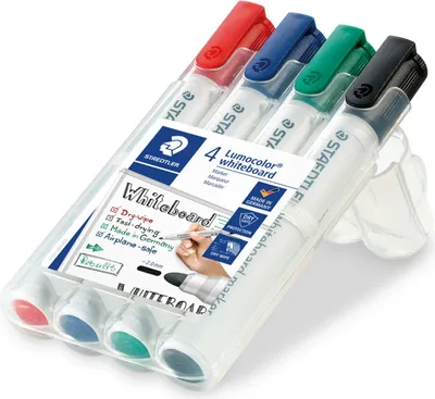 Image de Marqueur pour tableau blanc STAEDTLER® Lumocolor, pointe biseautée, largeur de trait 2-5 mm, non permanent/effaçable à sec, rechargeable, assorti, paquet de 4, noir, bleu, rouge, vert