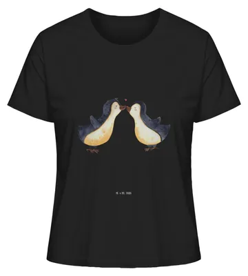 Produktbild von Mr. & Mrs. Panda Basic Shirt Damen Pinguine Kuss Größe S - Schwarz - Geschenk, Oberteil, Jahrestag, Baumwoll T-Shirt, Valentinstag, Hochzeitstag, für Freundin, Frauen