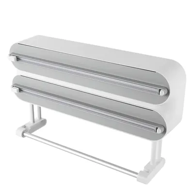 Zdjęcie produktu dla dozownik folii spożywczej 3 w 1 szary do kuchni do folii spożywczej, folii aluminiowej, papieru do pieczenia i papieru kuchennego Montaż ścienny