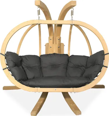 A wooden hanging chair with dark gray cushions, shown on a white background.