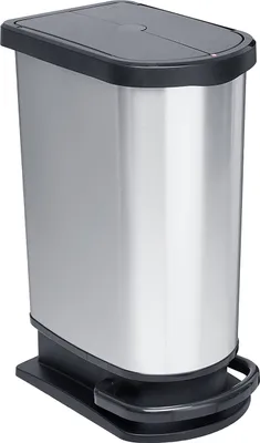 A stainless steel trash can with a black lid and pedal.