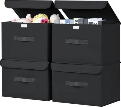 Obrázok produktu pre Úložné boxy zo látky s vekom – 4 kusy – organizér do šatníka – čierna farba
