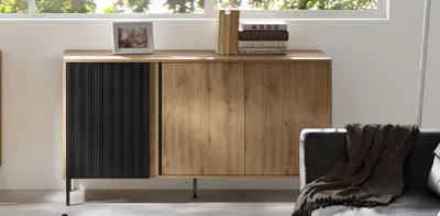 Produktbild von Kommode 2 MIA 145 cm mit geriffelte Fronte 3 Türen Sideboard Metallbeine Ewige Eiche / Schwarz