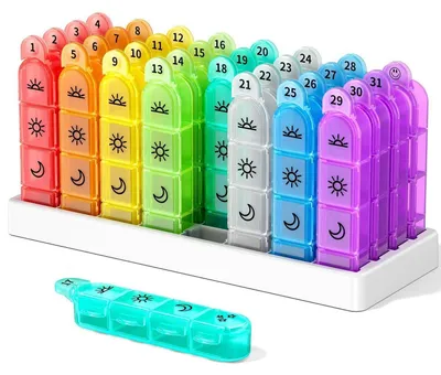 Immagine prodotto di Contenitore per pillole per 31 giorni, con 4 scomparti, per 4 dosi al giorno, privo di BPA, smontabile, con motivo decorativo