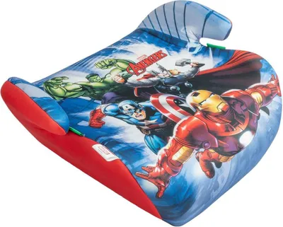 Produktbild von Tataway Marvel Avengers i-Size ECE R129 Sitzerhöhung. Kindersitzerhöhung für Kinder von 125 bis 150 cm Größe. Sitzerhöhung mit Superhelden-Grafiken, Kindersitz auf grauem Hintergrund.