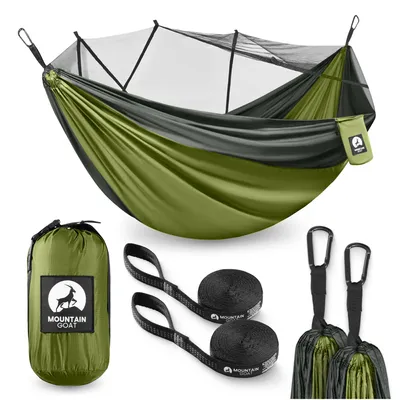 Produktbild von MOUNTAIN GOAT Trekking-Hängematte mit Moskitonetz, 2 Personen, inkl. Gurte und Karabiner, grau-grün
