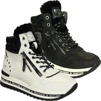 Two pairs of high-top sneakers, one white and one black, are displayed side-by-side against a white background.