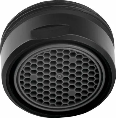 A close-up, front-facing view of a black faucet aerator with a hexagonal mesh.
