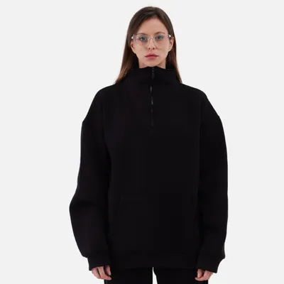 Produktbild von Zipper Damen Sweater Baumwolle Sweatshirt mit Stickerei halbem Reißverschluss 320 gsm M Schwarz