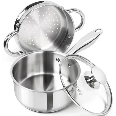 Produktbild von Stielkasserolle 16 cm 1.5l mit Deckel und Dämpfeinsatz, Induktion, Edelstahl, spülmaschinenfest
