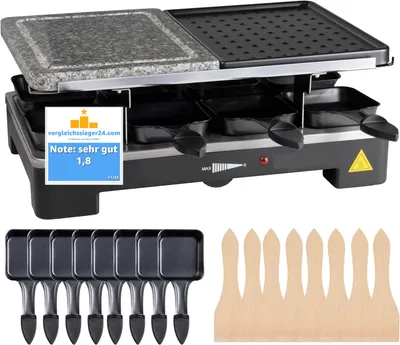 A raclette grill set with a stone and grill plate, shown with accessories.