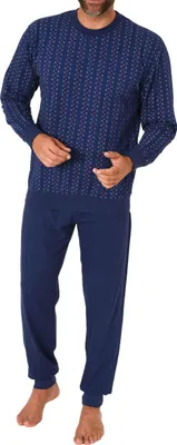 Produktbild von Herren langarm Schlafanzug mit Bündchen Pyjama in eleganter Minimalprint Optik ; navy , 58