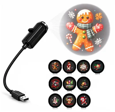 Produktbild von Weihnachtsprojektor 10-teilig, 5D LED Projektionslampe mit USB, 360° drehbar, Weihnachtsmotive, Nachtlicht für Party und Raumdekoration
