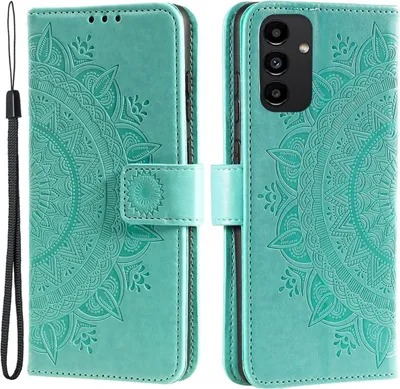 A teal mandala-patterned phone case is shown open and closed.