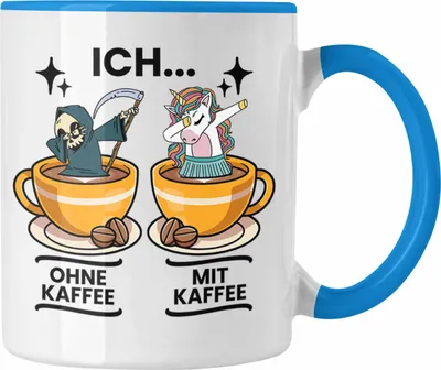 Produktbild von Trendation - Lustige Kaffeetasse "Ich Ohne Kaffee Ich Mit Kaffee" Geschenk für Kaffeeliebhaber (Blau)