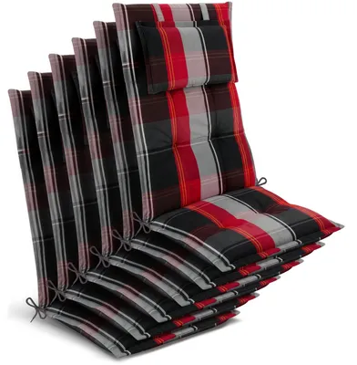 Produktbild von Beautissu 6x Premium Hochlehnerauflage 120x50x7cm, Schwarz-Rot-Weiß-Kariert