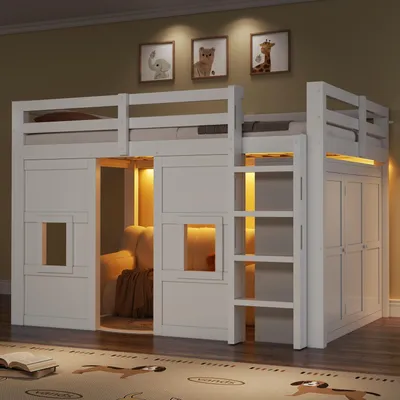 Productafbeelding van Houten hoogslaper, 140x200 cm, met geïntegreerde garderobe, 2 ramen, LED-verlichting (wit)