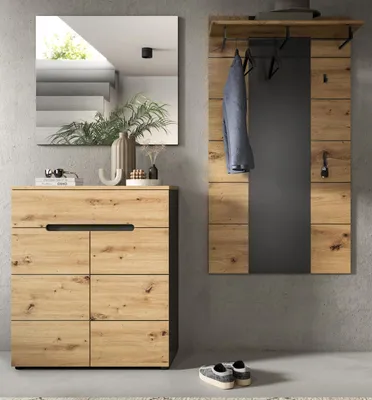 Produktbild von Garderobe Set 3-teilig "Cooper" in Artisan Eiche und grau 175 cm, Soft-Close