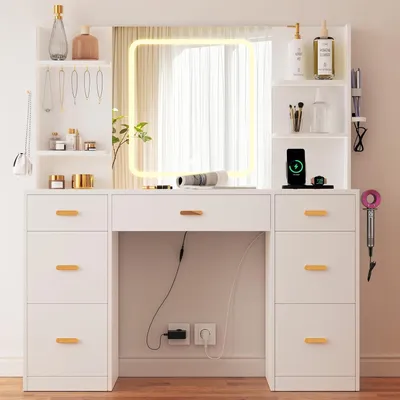 Image de DEWINNER Coiffeuse | Miroir Coiffeuse avec Éclairage LED | Luminosité Réglable | 7 Tiroirs | 4 Étagères et 5 Crochets | Support Sèche-Cheveux