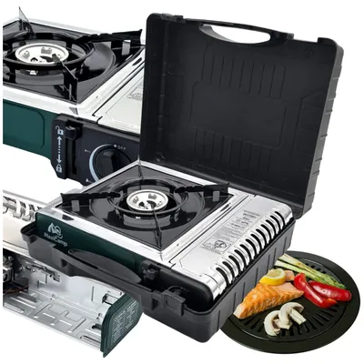 Produktbild von Gaskocher - Tragbarer Campingkocher - GREEN - Edelstahl - für Kartusche - mit Transportkoffer und Grillaufsatz