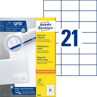 Productafbeelding van Avery Zweckform 3652 universele etiketten, 70 x 42,3 mm, geschikt voor Duitse Post INTERNETMARKE, 100 vellen/2.100 etiketten, wit