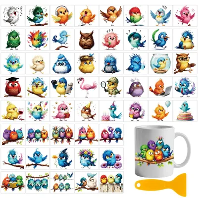 56 Vogel-Transfersticker, bunt, 9,9 x 9,9 cm, mit Aufbewahrungsalbum