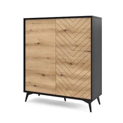 A product shot of a tall dresser with two doors against a white background.