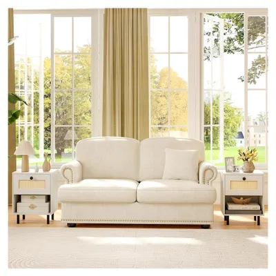 Produktbild von Nachttisch mit Rattan-Schublade, 4 stabilen Beinen und 2 Kippsicherungen, Sofatisch im Boho-Stil, 40 x 30 x 52 cm, weiß
