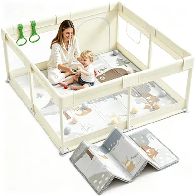 Produktbild von Laufstall mit Matte 120 x 120 cm, tragbarer Baby-Laufstall, sicherer Spielbereich für Zuhause