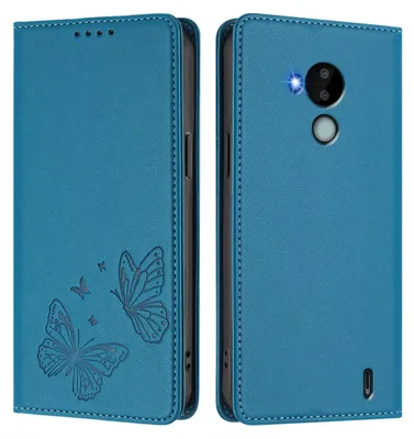 Image de Étui en cuir pour Nokia C30, motif papillon, étui à rabat avec porte-appareil, bleu