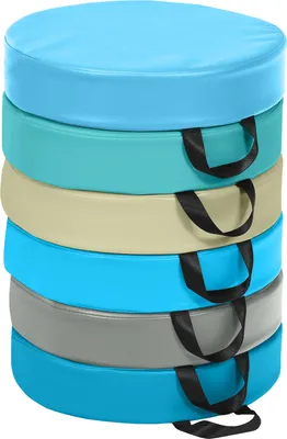 A stack of six round seat cushions in various colors.