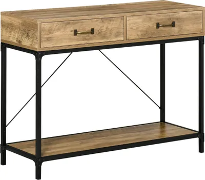 Zdjęcie produktu dla HOMCOM Stolik konsola Stolik wejściowy Stolik boczny 2 szuflady Pod półką vintage metal Płyta wiórowa Brąz+czarny 100 x 35 x 76,5 cm