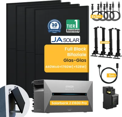 Produktbild von Balkonkraftwerk mit Speicher Anker Solarbank 2 E1600Pro mit JaSolar 1760W Bifaziale Solarmodule und Smarten Zähler mit 4 Sets Halterung für Flachdach