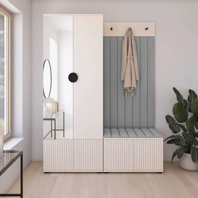 Produktbild von Garderoben-Set Ritmo Version 1 – gefräste Kleiderschrank mit Spiegel, mit Polsterplatten, Schuhschrank, für Eingangsbereich (Cashmere, Trinity 14)