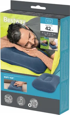 The image shows the packaging of an inflatable pillow, with a man sleeping on it as a demonstration.